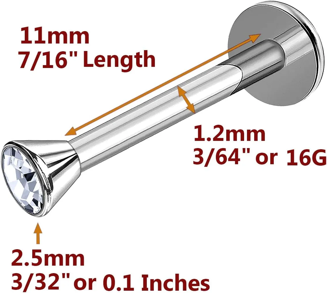 2Pcs Internally Threaded Surgical Steel 16g labret earrings Piercing Jewelry Lip Monroe 2.5mm flat head crystal More Choices