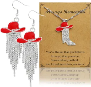 2pcs Western Earrings Necklace Jewelry Set,Sparkly Rhinestone Tassels Cowgirl Earrings Crystal Boots with Enamel Cowboy Hat Pendant Necklac for Women,Wild West Country Rustic Style