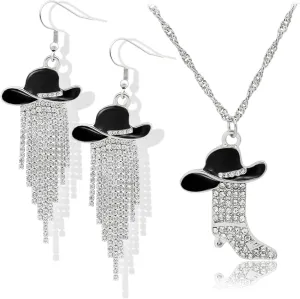 2pcs Western Earrings Necklace Jewelry Set,Sparkly Rhinestone Tassels Cowgirl Earrings Crystal Boots with Enamel Cowboy Hat Pendant Necklac for Women,Wild West Country Rustic Style