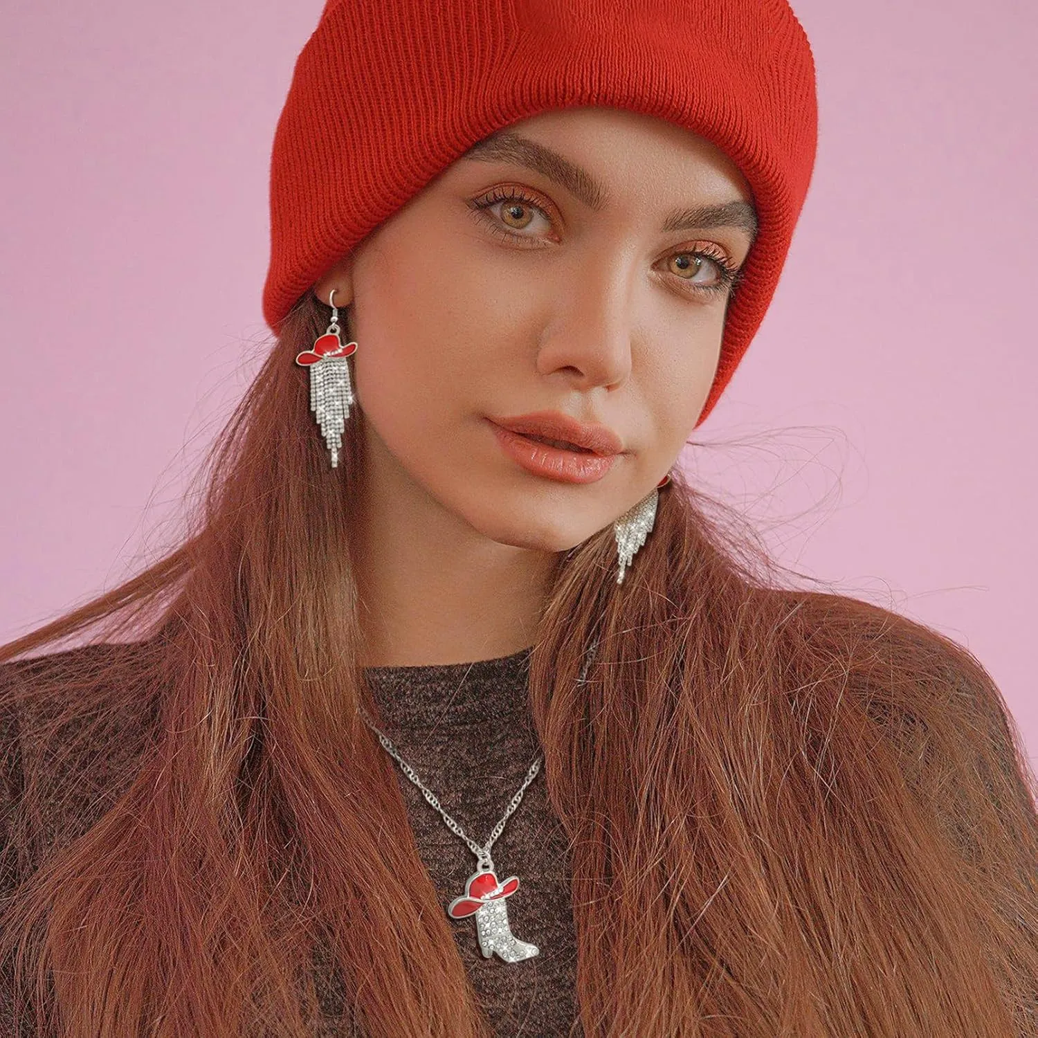 2pcs Western Earrings Necklace Jewelry Set,Sparkly Rhinestone Tassels Cowgirl Earrings Crystal Boots with Enamel Cowboy Hat Pendant Necklac for Women,Wild West Country Rustic Style
