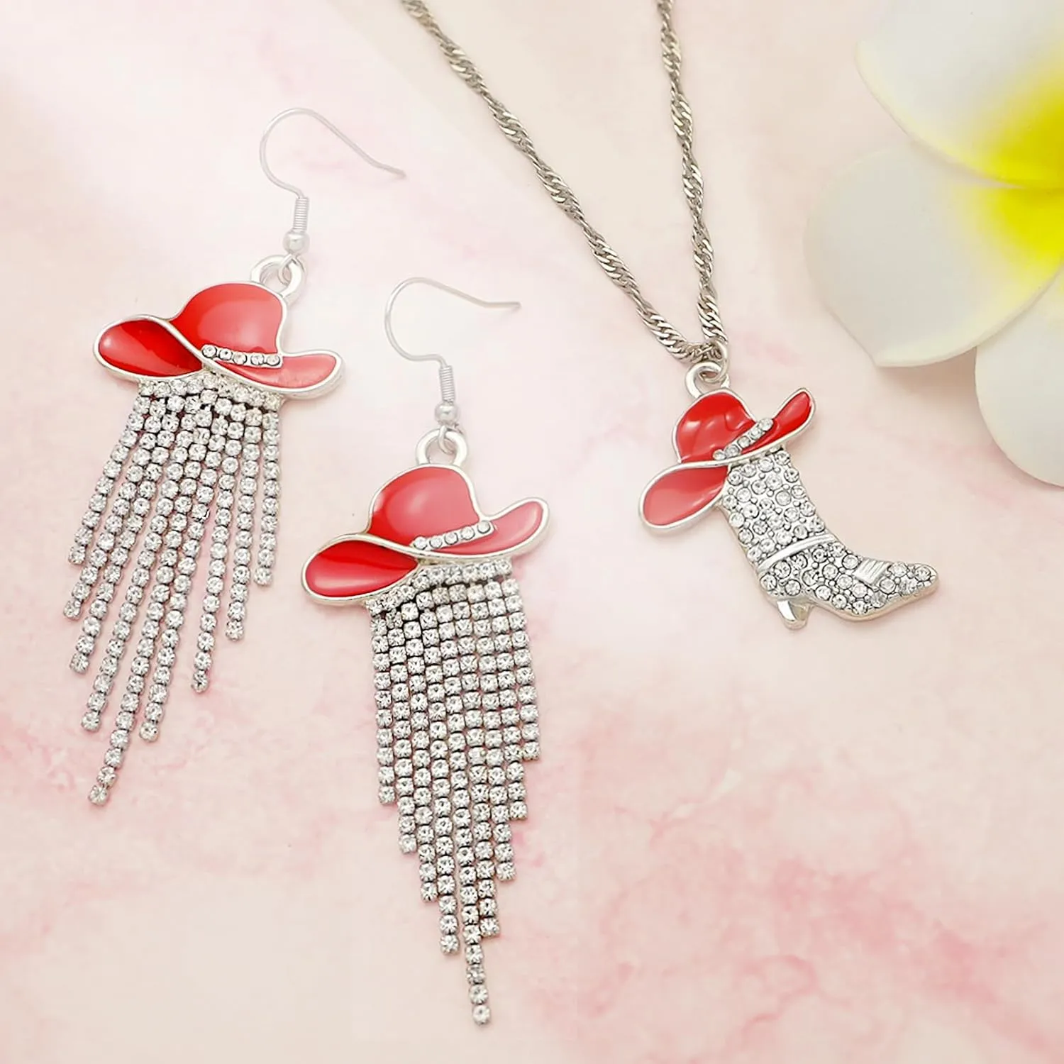 2pcs Western Earrings Necklace Jewelry Set,Sparkly Rhinestone Tassels Cowgirl Earrings Crystal Boots with Enamel Cowboy Hat Pendant Necklac for Women,Wild West Country Rustic Style