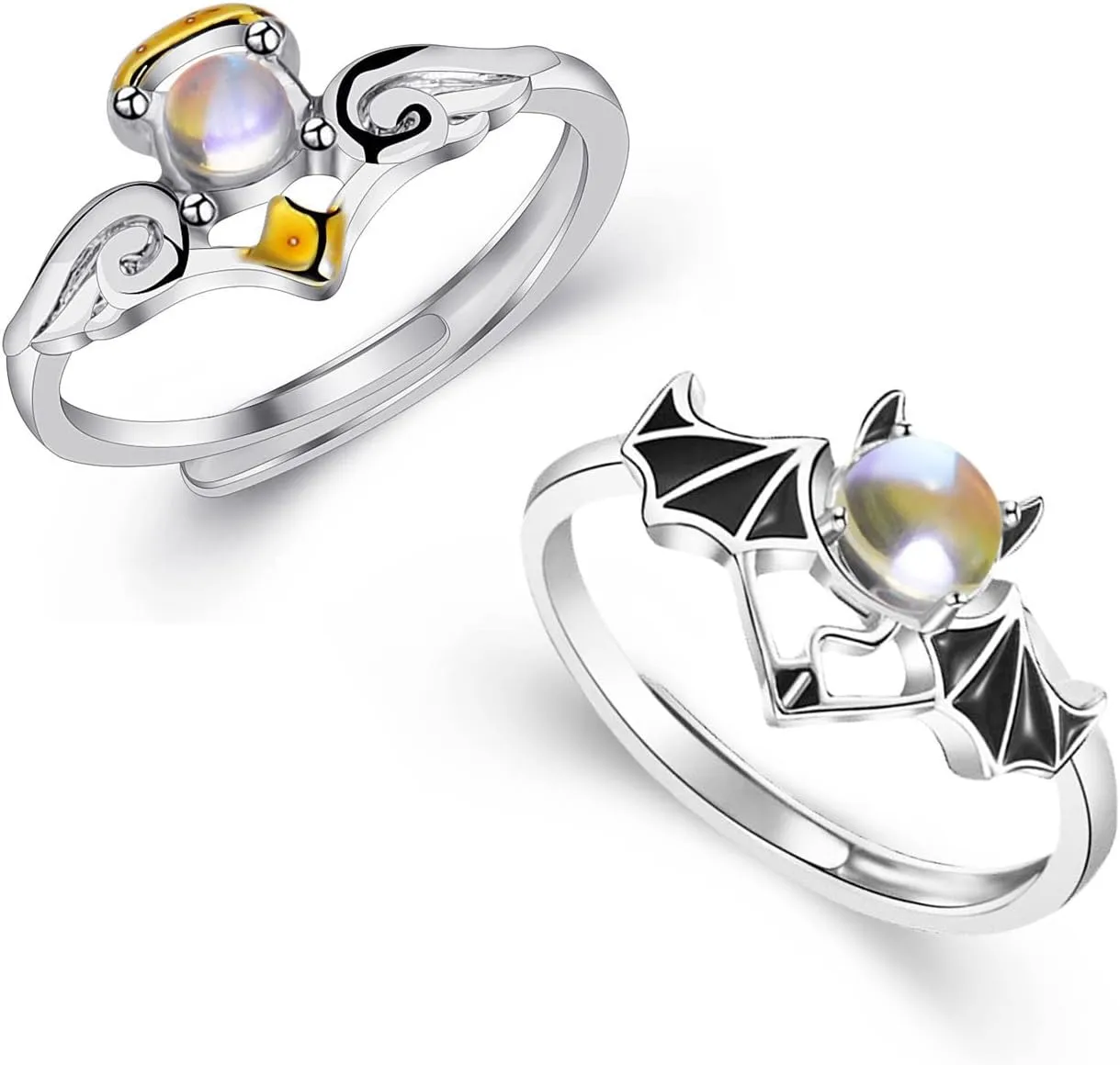 2Pcs Wing Angel Devil Dragon Couple Matching Ring Set for Women Men Him Her Lover Open Adjustable Promise Wedding Ring Valentine's Day Jewelry Gift