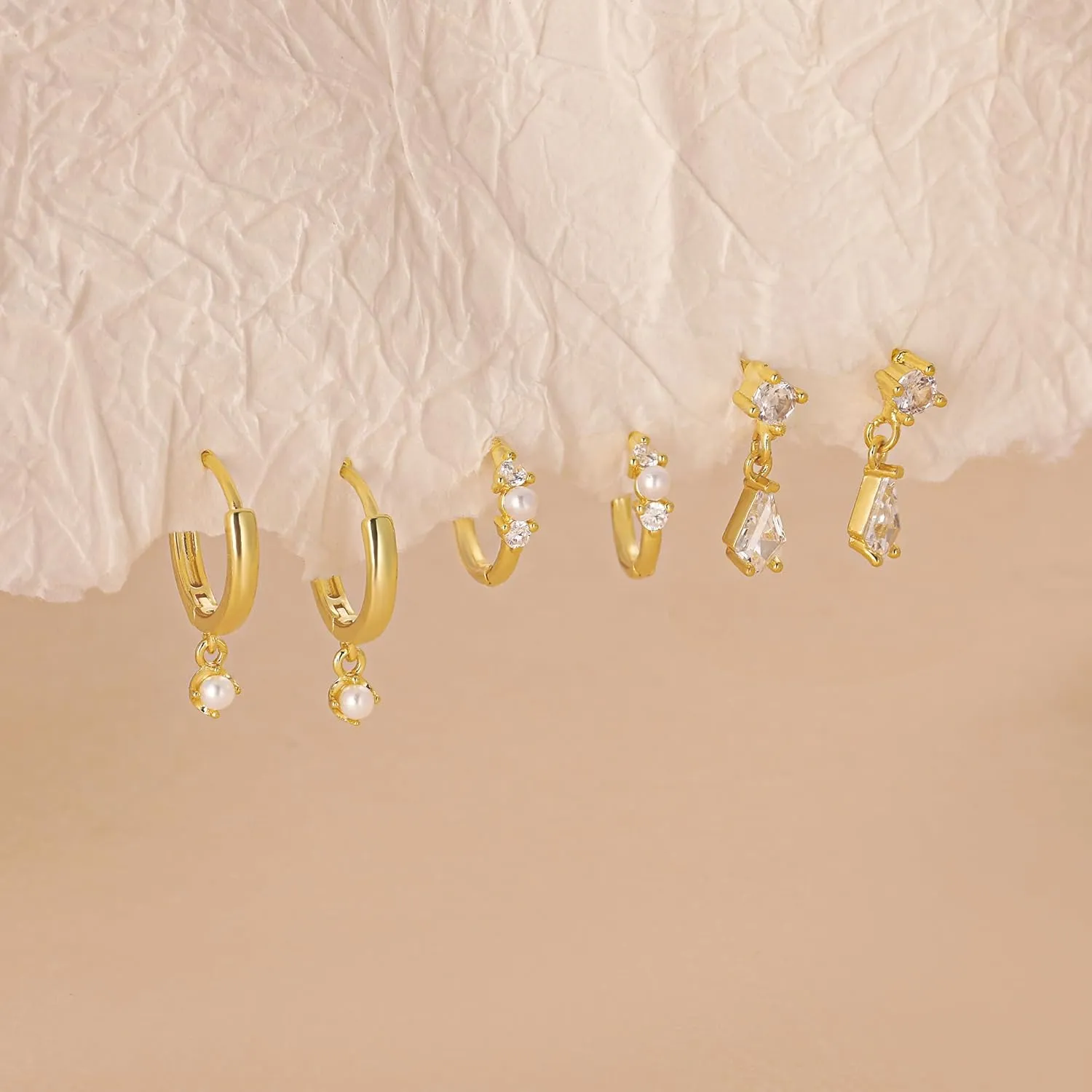 3 Pairs Pearl Earrings for Women Trendy, 14K Gold Hoop Earrings Pearl Earrings Cubic Zirconia Studs Hypoallergenic Small Gold Pearl Drop Earrings Hoops Dainty Gold Huggie Earrings Jewelry Gift