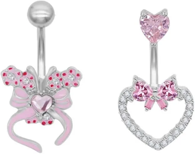 316L Surgical Steel Pink Heart Butterfly Belly Button Rings for Women Cute 14G CZ Crystal Belly Navel Rings 3/8 Inch Navel Curved Barbell Dainty Body Piercing Jewelry 2Pcs