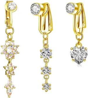 3Pcs CZ Crystal Heart Flower Dangle Fake Belly Button Rings for Women Non Piercing Clip On Belly Navel Rings Long Dangling Fake Belly Rings Non-Pierced Body Jewelry