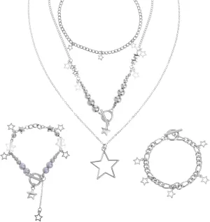 3pcs Silver Star Necklace Grunge Layered Y2K Jewelry Set Kawaii Cute Gothic Vintage Emo