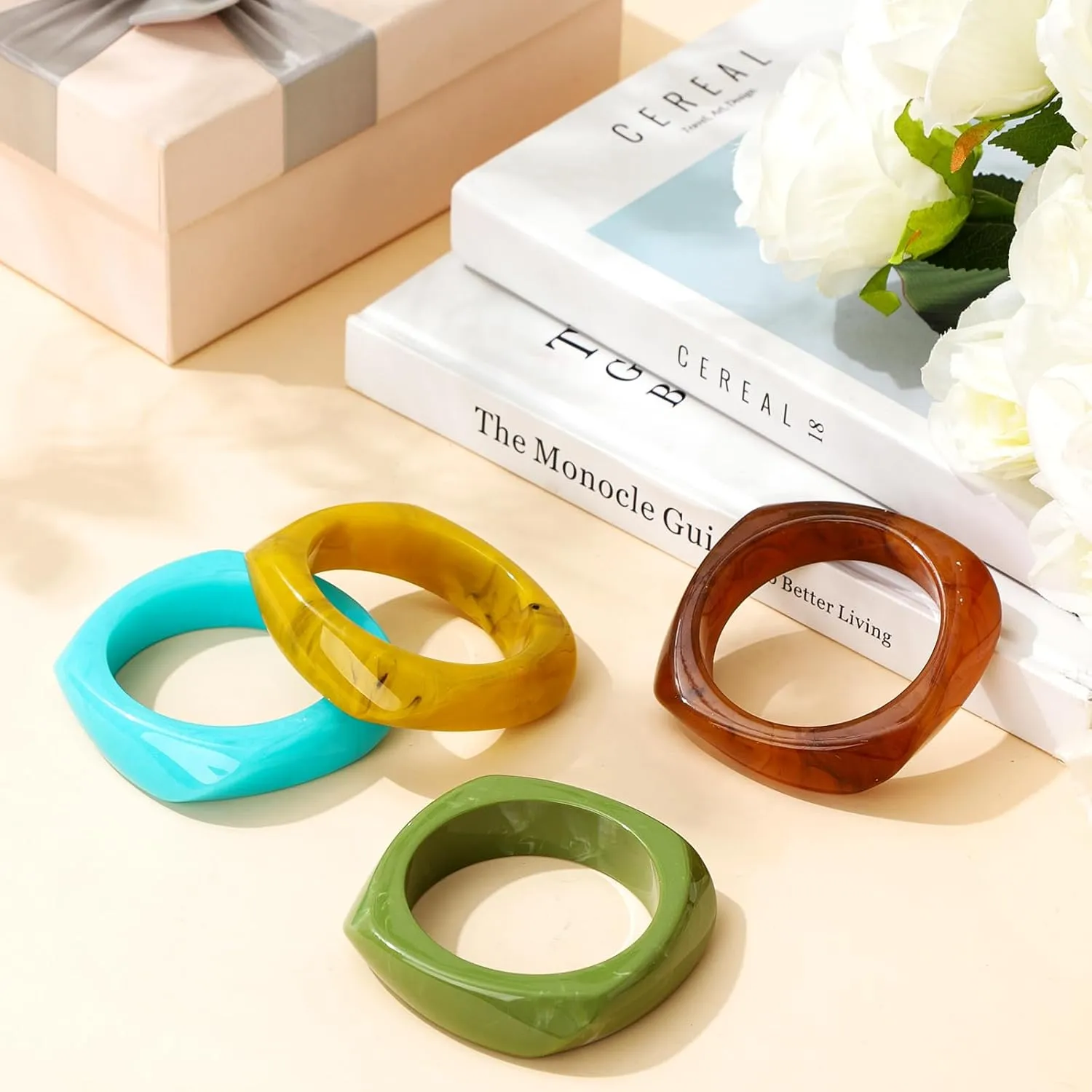 4 Pcs Colorful Square Acrylic Resin Bangle Bracelet Wide Geometric Irregular Wristbands Women