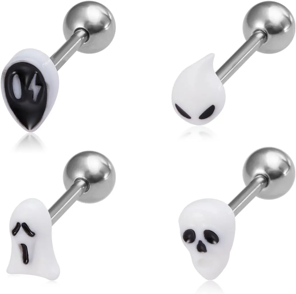 4Pcs 14G Halloween Ghost Skeleton Skull Tongue Rings for Women Men 316L Stainless Steel Tongue Piercing Jewelry Halloween Themed Body Jewelry