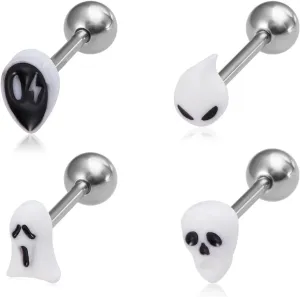 4Pcs 14G Halloween Ghost Skeleton Skull Tongue Rings for Women Men 316L Stainless Steel Tongue Piercing Jewelry Halloween Themed Body Jewelry