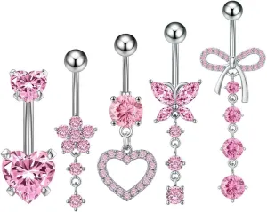 5Pcs 14G Dangle Belly Button Rings for Women Stainless Steel Pink Clear CZ Crystal Heart Flower Bowknot Butterfly Belly Rings Curved Navel Barbell Navel Piercing Jewelry