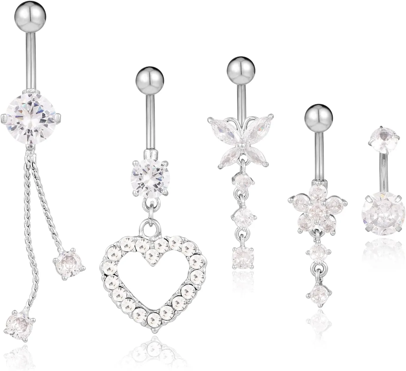 5pcs Belly Button Rings, Surgical Stainless Steel Dangle Belly Rings Heart Flower Butterfly Diamond Belly Button Ring Bars Belly Piercing Jewelry Navel Rings for Women Girls (Silver)
