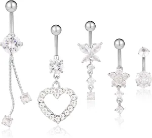 5pcs Belly Button Rings, Surgical Stainless Steel Dangle Belly Rings Heart Flower Butterfly Diamond Belly Button Ring Bars Belly Piercing Jewelry Navel Rings for Women Girls (Silver)
