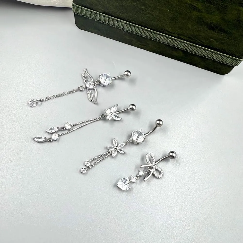 5PCS Crystal Belly Button Ring for Women Dangle Navel Belly Piercing Jewelry Cute Bow Butterfly Heart Angel wings Navel Belly Rings 14G Silver Surgical Steel Belly Button Stud