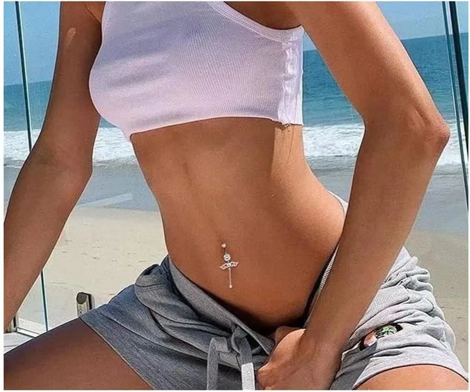 5PCS Crystal Belly Button Ring for Women Dangle Navel Belly Piercing Jewelry Cute Bow Butterfly Heart Angel wings Navel Belly Rings 14G Silver Surgical Steel Belly Button Stud