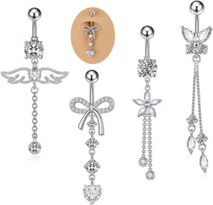 5PCS Crystal Belly Button Ring for Women Dangle Navel Belly Piercing Jewelry Cute Bow Butterfly Heart Angel wings Navel Belly Rings 14G Silver Surgical Steel Belly Button Stud