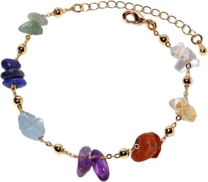 7 Chakra Reiki Gemstones Plated 14k Gold Chain Bracelets for Women Meditation Colorful Crystal Chips Beaded Bracelets (6-8)