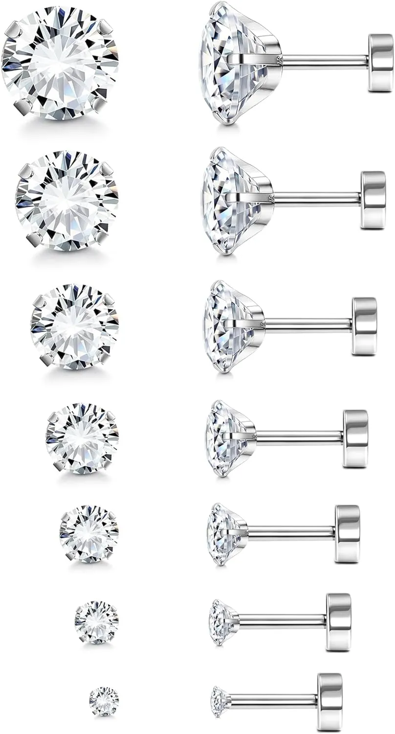 7Pairs 2-8mm Flat Back Stud Earrings Hypoallergenic Stainless Steel Earrings for Men Women Cubic Zirconia Simulated Diamond Cartilage Earrings Helix Tragus Piercing Flat Back Earrings 18G/20G