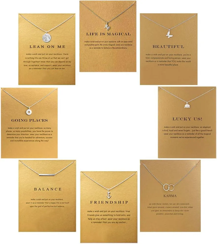 8Pack Friendship Unicorn Necklace Set Good Luck Elephant Pendant Chain Necklace with Message Card Party Favors Birthday for Women (Silver)