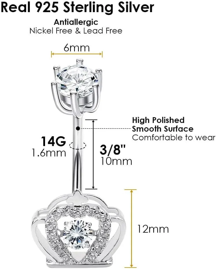 925 Sterling Silver 14G Belly Button Rings Clear CZ Navel Rings Body Piercing Jewelry