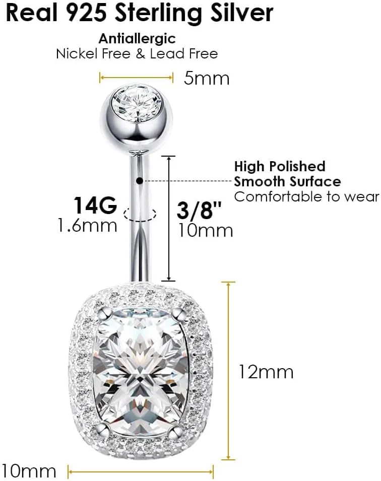 925 Sterling Silver 14G Belly Button Rings Clear CZ Navel Rings Body Piercing Jewelry