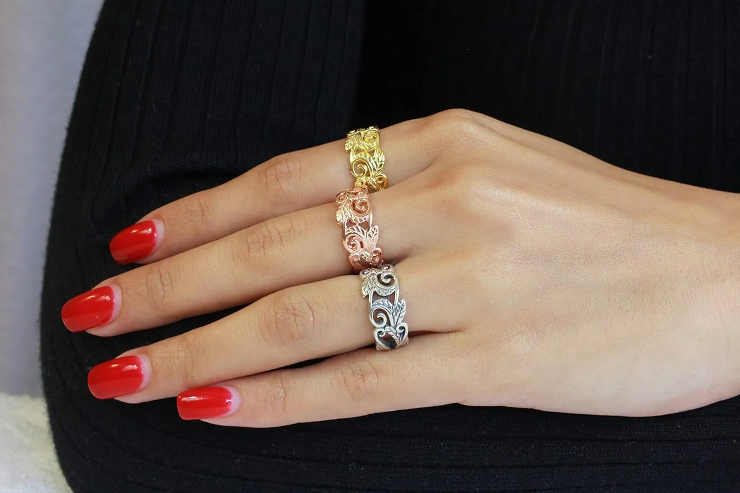 925 Sterling Silver Acacia Leaves Filigree Ring (Comes in Colors)