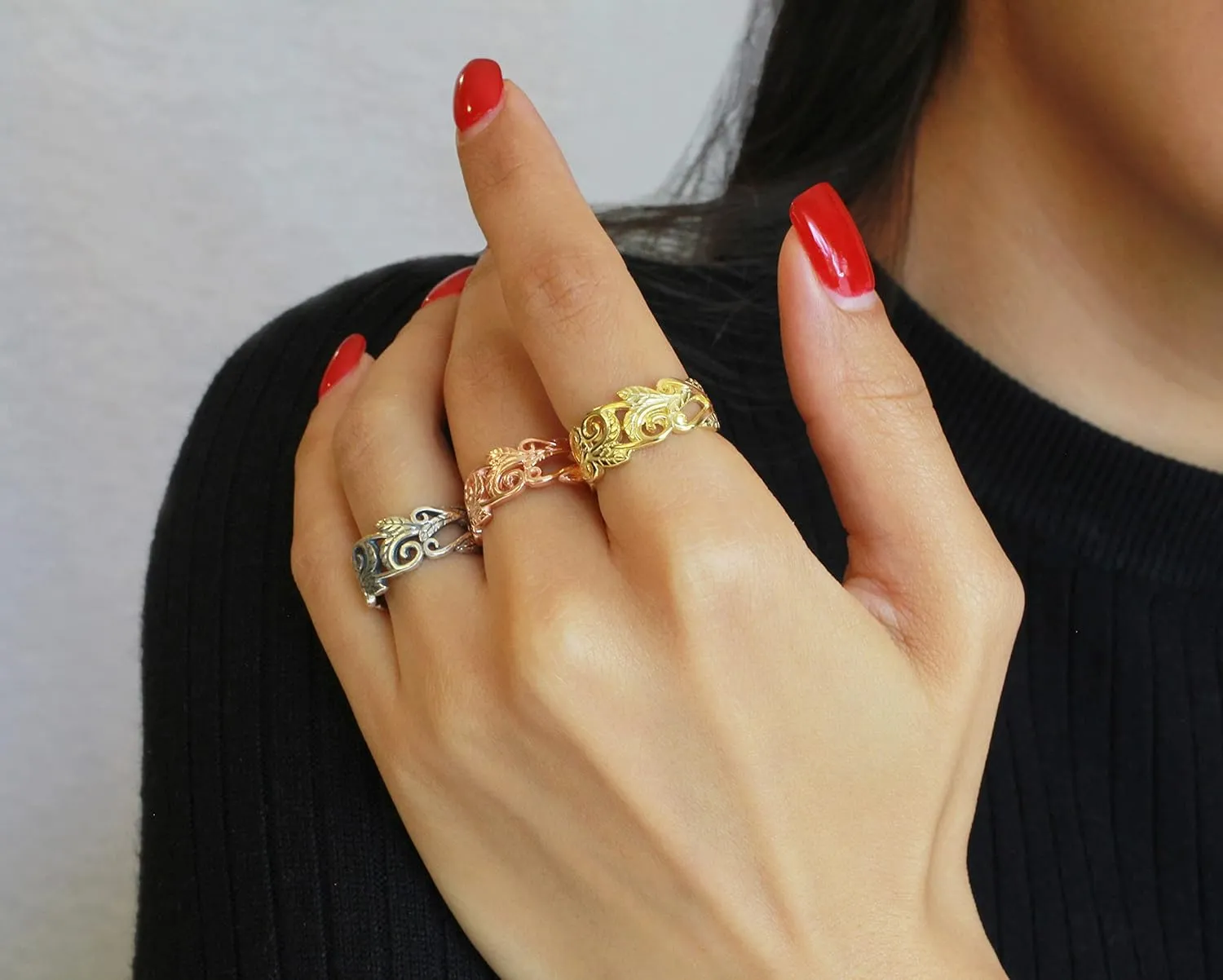 925 Sterling Silver Acacia Leaves Filigree Ring (Comes in Colors)