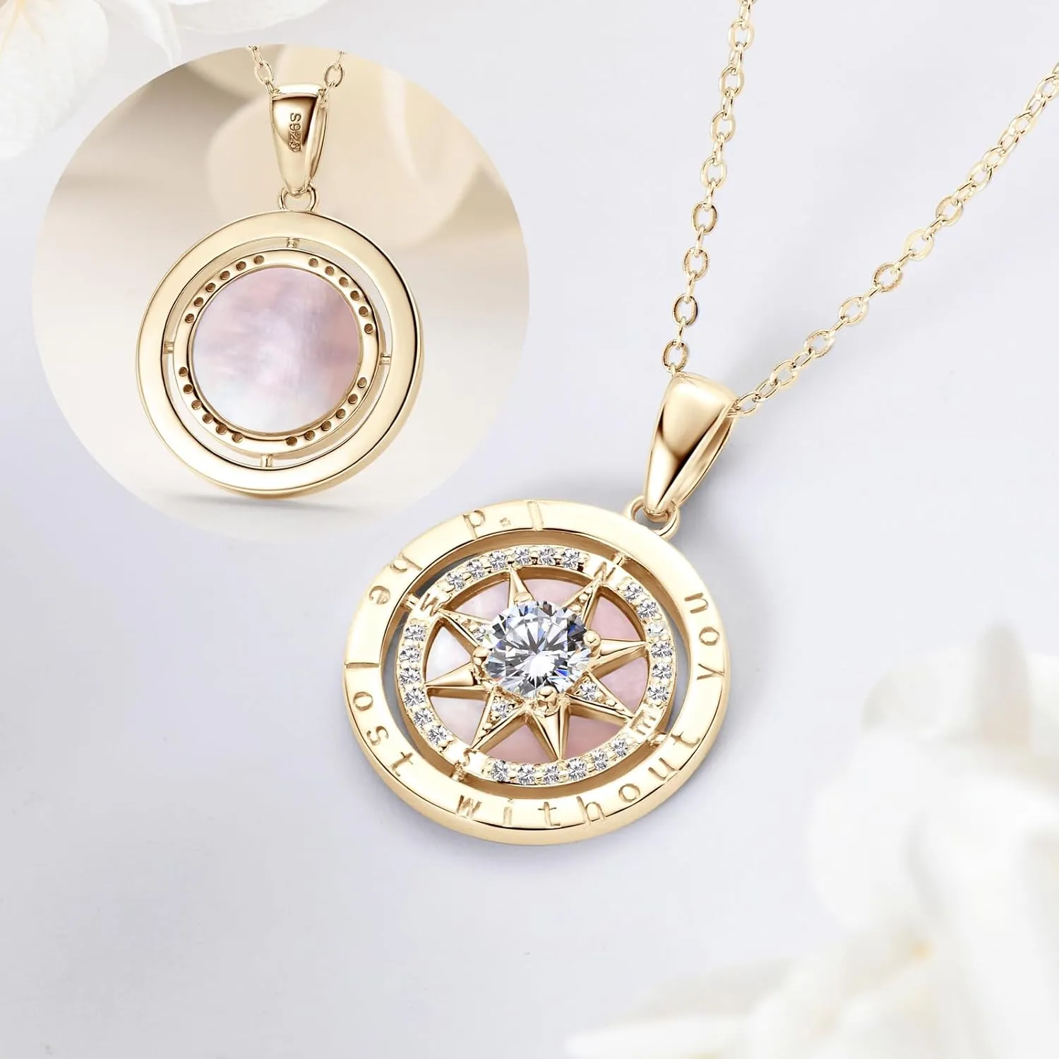 925 Sterling Silver Compass Necklace for Women with Cubic Zirconia 18K White gold-plated Pendant Jewelry Unisex Senior High School College Masters Degree Graduation Birthday Christmas Ideas Gift
