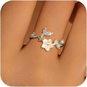 925 Sterling Silver Dainty Camellia Leaf CZ Ring for Women 14K Gold Plated Adjustable Leaf Laurel Open Ring to Daughter White Shell Elegant Hibiscus Floral Crystal Finger Rings Graduate Birth Jewelry