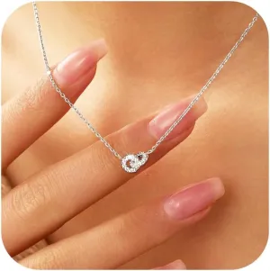 925 Sterling Silver Dainty Interlocking Circles Necklaces for Women 14K Gold Plated Double Hoop CZ Pendant Necklace Lobster Buckle to Daughter Mother Friendship Wedding Graduation Jewelry Gift for Her