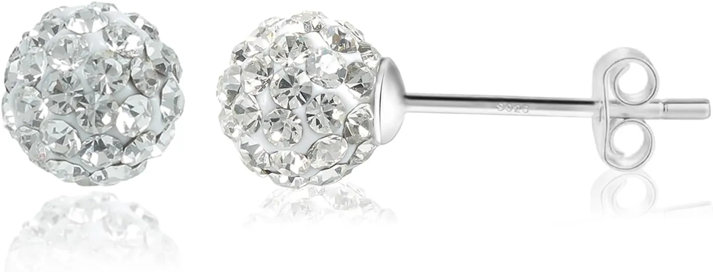 925 Sterling Silver White Sparkle Crystal Disco Ball Stud Earrings for Women