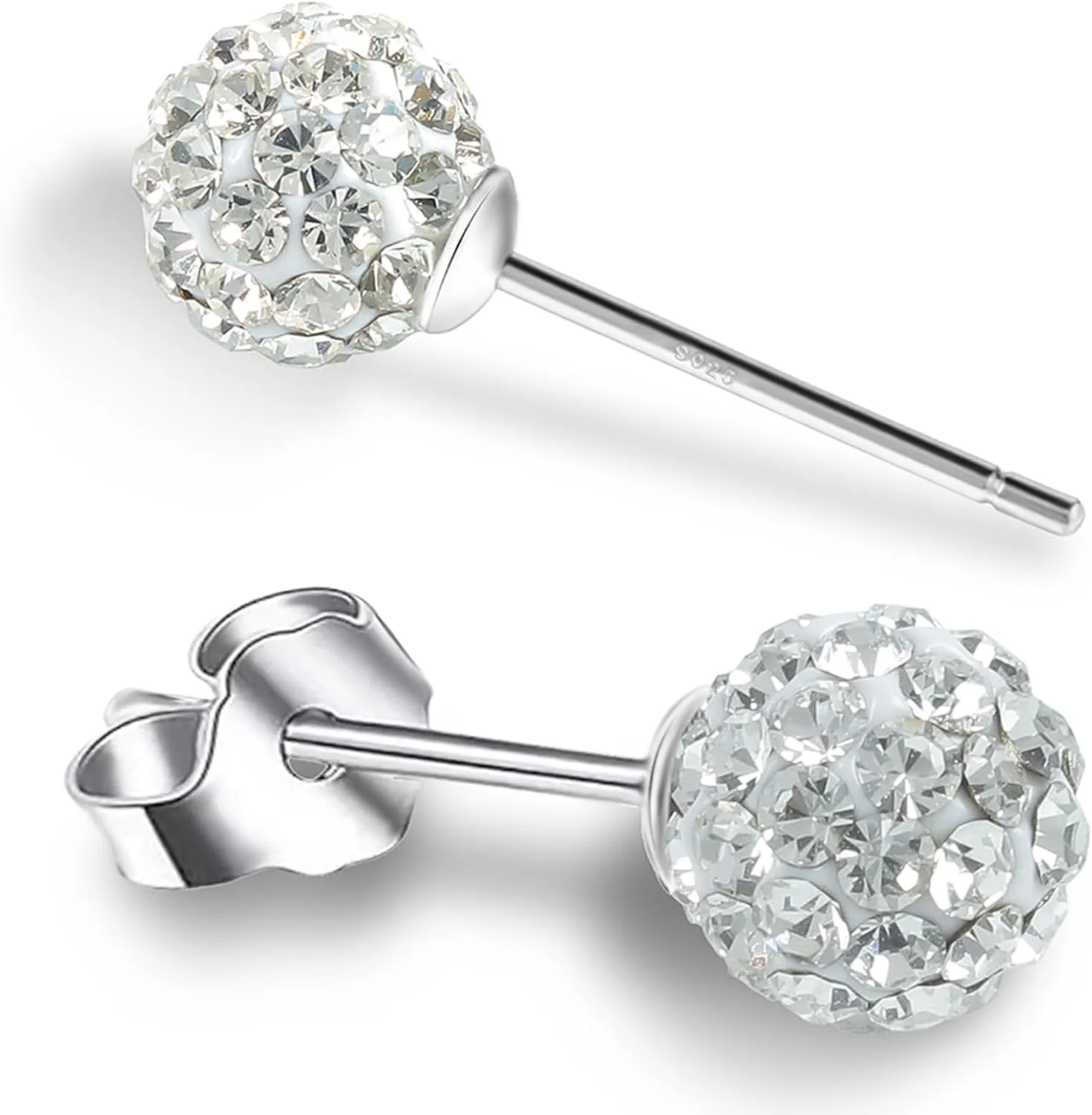 925 Sterling Silver White Sparkle Crystal Disco Ball Stud Earrings for Women
