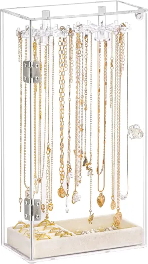 Acrylic Necklace Holder, Necklace Organizer, Rotatable Clear Jewelry Organizer Display Case for Long Necklaces Pendant Bracelets, Jewelry Holder with Beige Velvet Tray for Rings Earrings