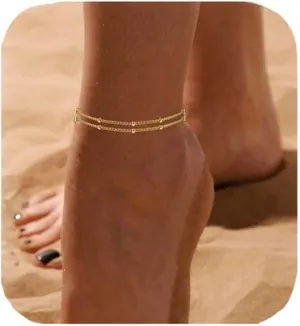 Akeoqi Ankle Bracelets 18K Stainless Steel Layered Waterproof Stackable Anklets Beach Jewelry for Women Men Adjustable