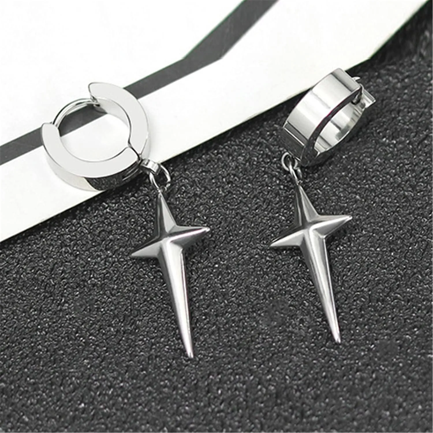 ANDPAI Personalized Punk 316L Stainless Steel Cross Star Hoop Dangle Drop Earrings Small Black Kpop Stainless Steel Geometry Huggie Hoop Earrings for Men Women Statement Jewelry Gifts