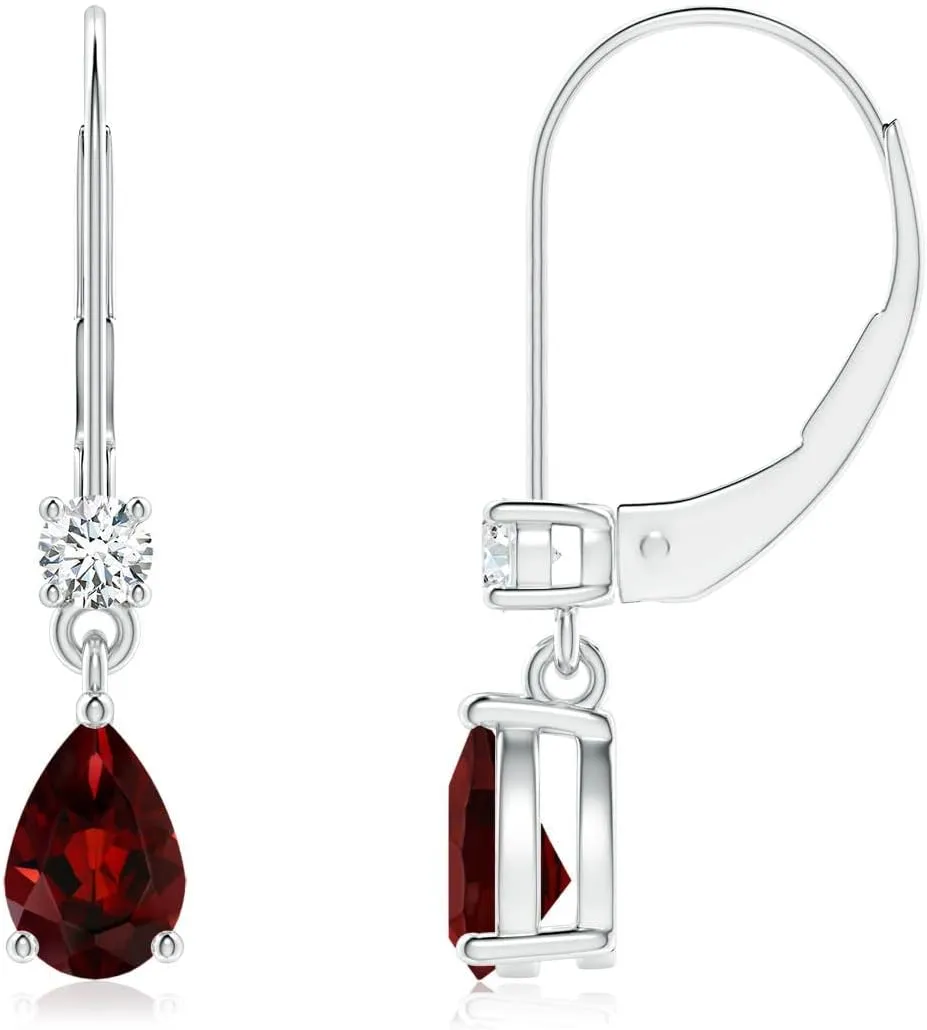 ANGARA Natural Pear Garnet Leverback Drop Earrings with Diamond in 14K Solid Gold/Platinum | January Birthstone, Birthday, Engagement, Anniversary, Wedding Jewelry Gift for Women
