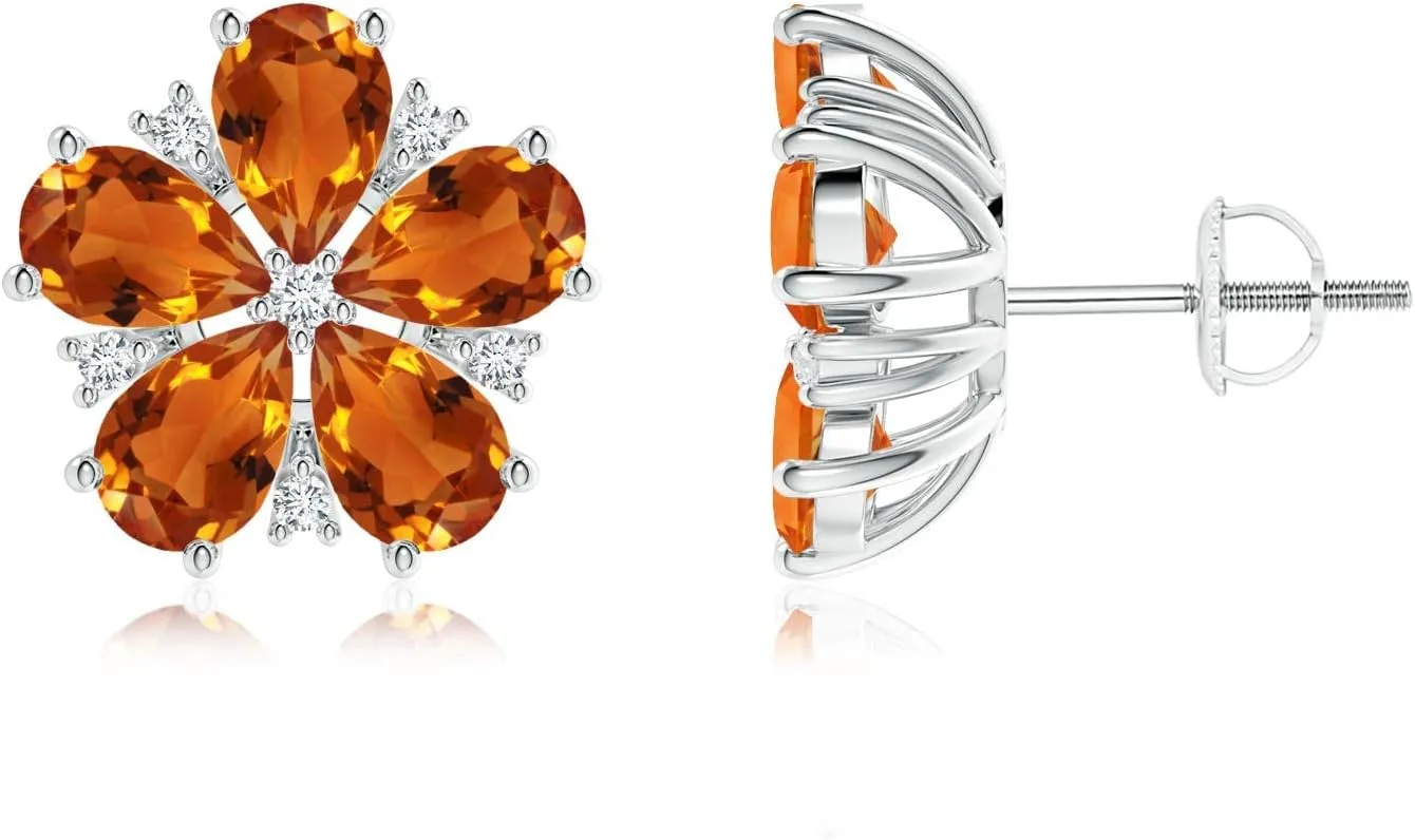 ANGARA Natural Pear-Shaped Citrine and Diamond Flower Stud Earrings in 14K Solid Gold/Platinum | November Birthstone, Birthday, Engagement, Anniversary, Wedding Jewelry Gift for Women