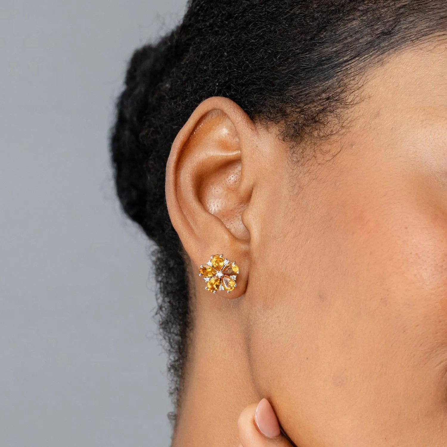 ANGARA Natural Pear-Shaped Citrine and Diamond Flower Stud Earrings in 14K Solid Gold/Platinum | November Birthstone, Birthday, Engagement, Anniversary, Wedding Jewelry Gift for Women