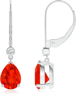 ANGARA Natural Pear-Shaped Fire Opal Leverback Drop Earrings with Diamond in 14K Solid Gold/Platinum | Birthday, Engagement, Anniversary, Wedding Jewelry Gift for Women