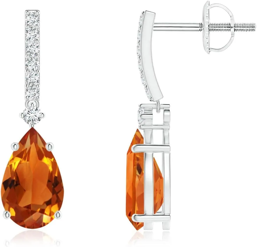 ANGARA Natural Solitaire Pear Citrine Drop Earrings with Diamonds in 14K Solid Gold/Platinum | November Birthstone, Birthday, Engagement, Anniversary, Wedding Jewelry Gift for Women