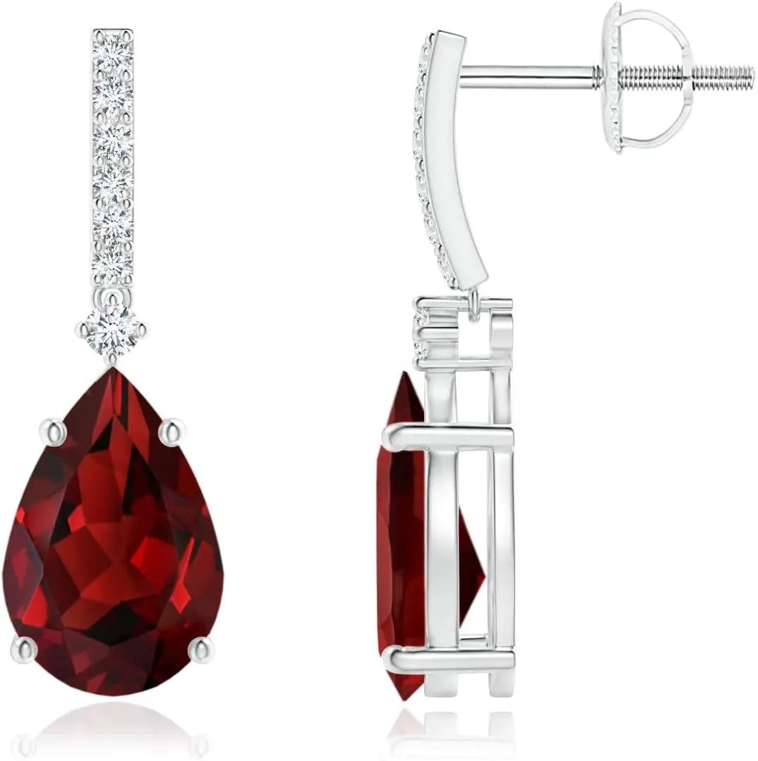 ANGARA Natural Solitaire Pear Garnet Drop Earrings with Diamonds in 14K Solid Gold/Platinum | January Birthstone, Birthday, Engagement, Anniversary, Wedding Jewelry Gift for Women