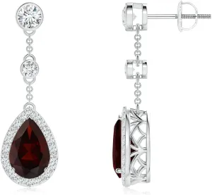 ANGARA Natural Vintage Style Pear-Shaped Garnet Halo Drop Earrings in 14K Solid Gold/Platinum | January Birthstone, Birthday, Engagement, Anniversary, Wedding Jewelry Gift for Women