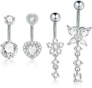 Aumeo Surgical Steel Belly Button Ring 14G Dangle Belly Button Rings for Women Sliver Pink CZ Heart Butterfly Flower Navel Piercing Jewelry