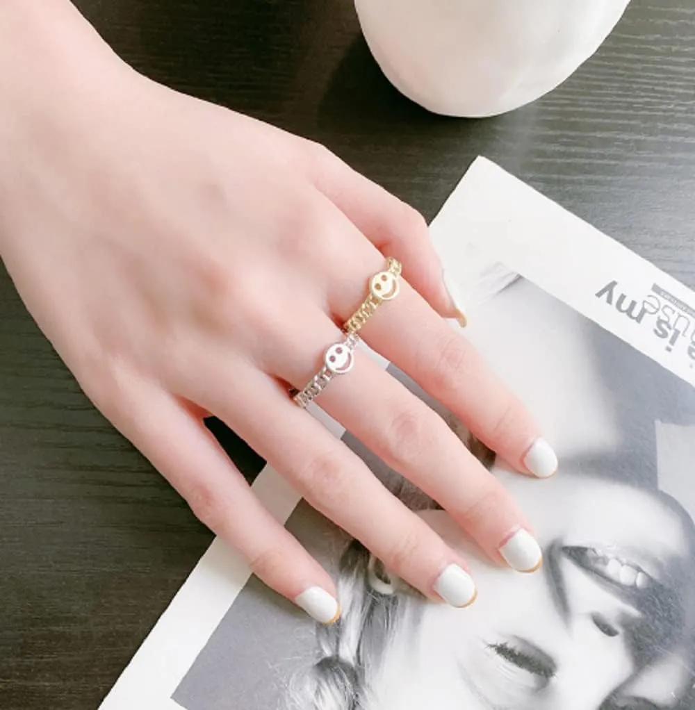 Awmnjtmgpw Women's happy smiling face ring girl's happy face Stackable Ring 18K gold and 925 Sterling Silver good luck exquisite chain ring size 6-10