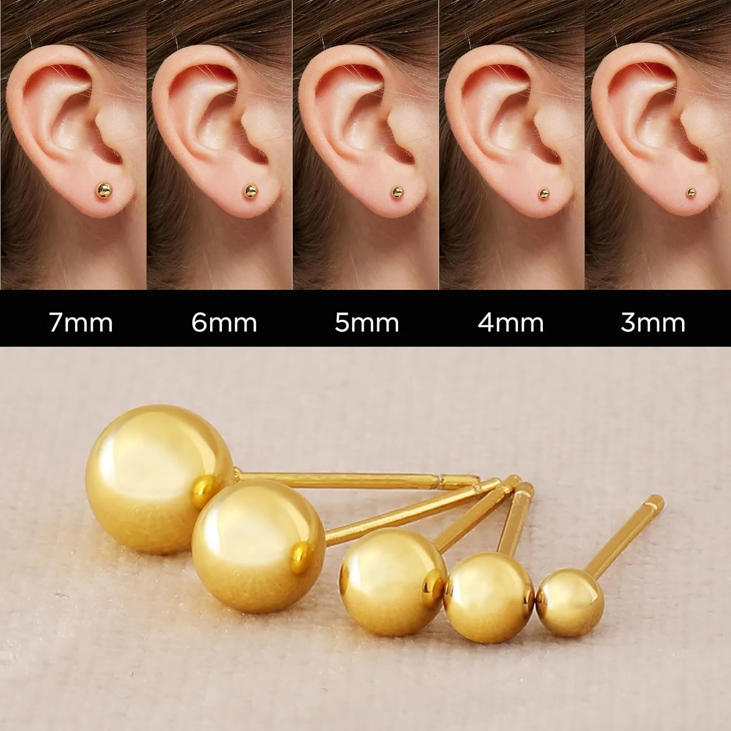 Ball Earrings for Women, S925 Sterling Silver Ball Stud Earrings for Multiple Piercings 5 Pairs Different Sizes (3mm-7mm) Gold Tiny Stud Earrings Set for Women Men