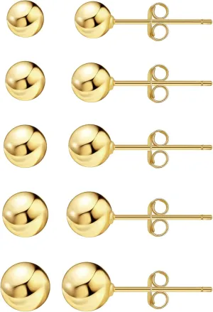 Ball Earrings for Women, S925 Sterling Silver Ball Stud Earrings for Multiple Piercings 5 Pairs Different Sizes (3mm-7mm) Gold Tiny Stud Earrings Set for Women Men