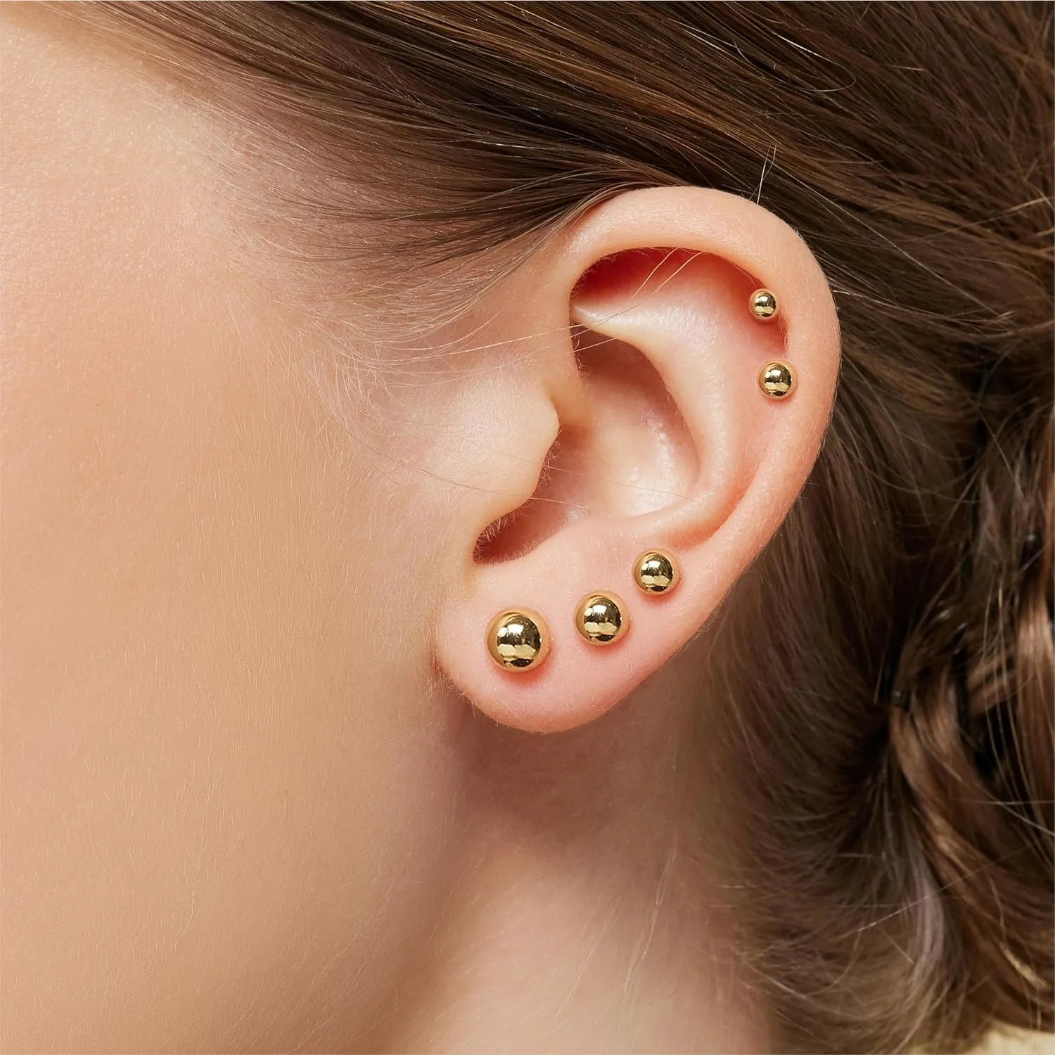 Ball Earrings for Women, S925 Sterling Silver Ball Stud Earrings for Multiple Piercings 5 Pairs Different Sizes (3mm-7mm) Gold Tiny Stud Earrings Set for Women Men