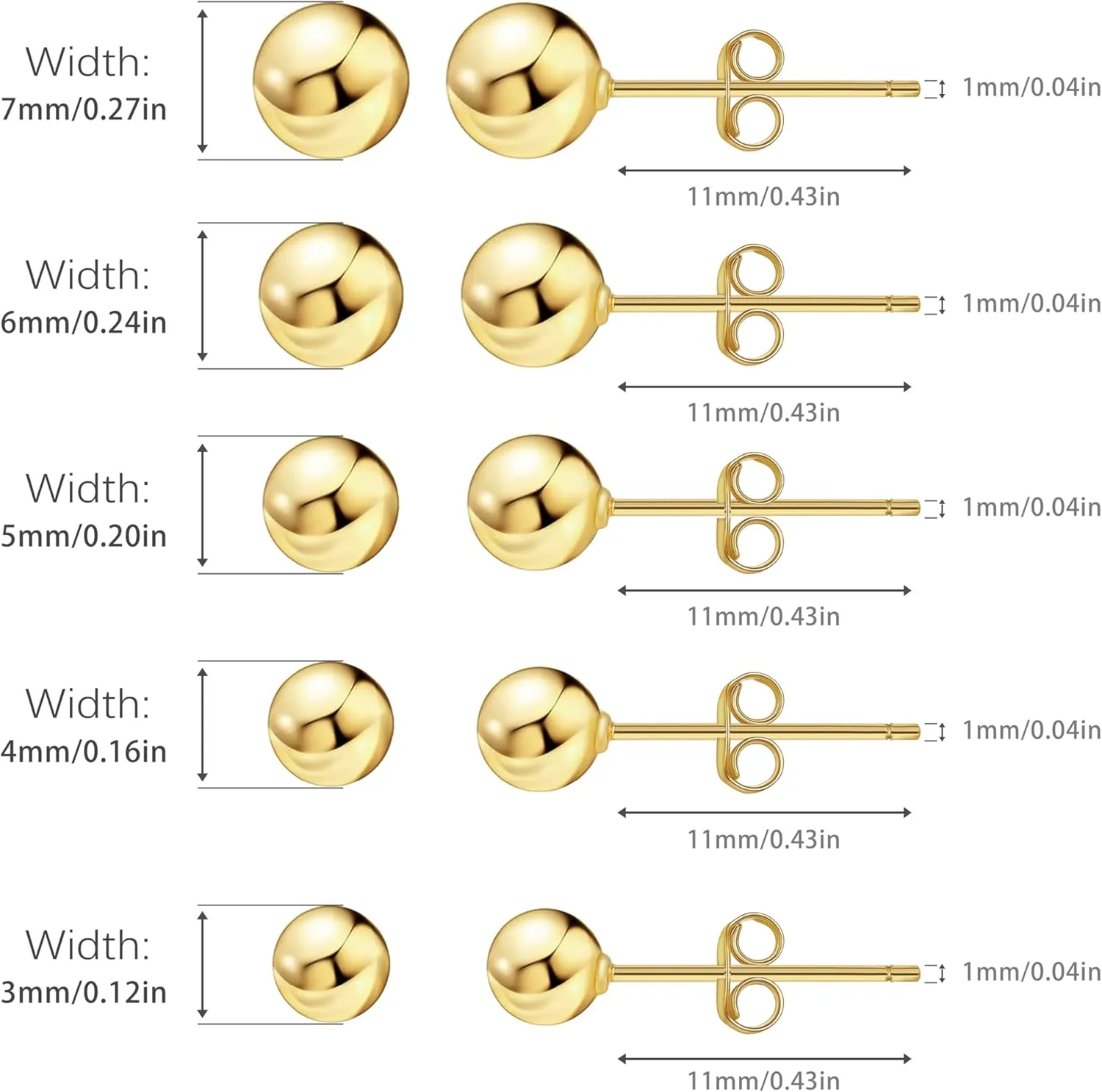 Ball Earrings for Women, S925 Sterling Silver Ball Stud Earrings for Multiple Piercings 5 Pairs Different Sizes (3mm-7mm) Gold Tiny Stud Earrings Set for Women Men