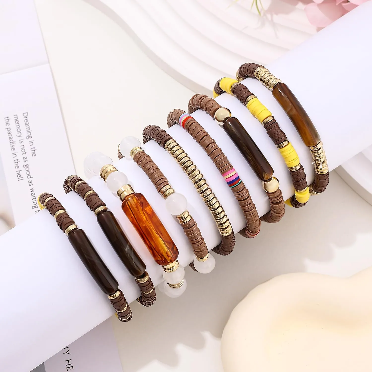 Bamboo Tube Bangles Bracelet for Women Chunky Curved Stacking Clear Acrylic Colorful Beads Stretchable Friendship Gold Bracelets Gifts For Bestfriends, Couple, Family Members, Siblings, Sister, Lover