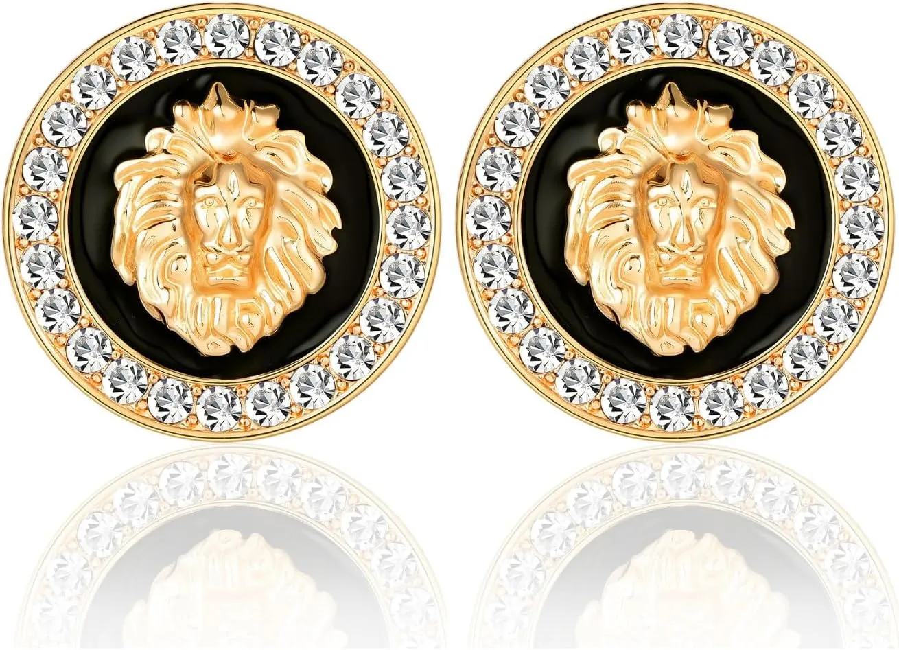Basketball Wives Sparkling Rhinestone Lion Head Round Stud Earrings with Crystal Black Enamel Women Costume Cocktail Party Night Out Jewelry