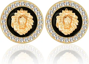 Basketball Wives Sparkling Rhinestone Lion Head Round Stud Earrings with Crystal Black Enamel Women Costume Cocktail Party Night Out Jewelry